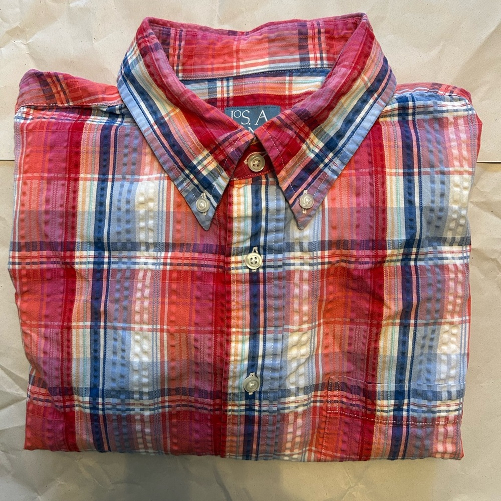 Jos A Bank Stays Cool Colorful Plaid Seersucker Men’s SS Button Down Shirt XL
